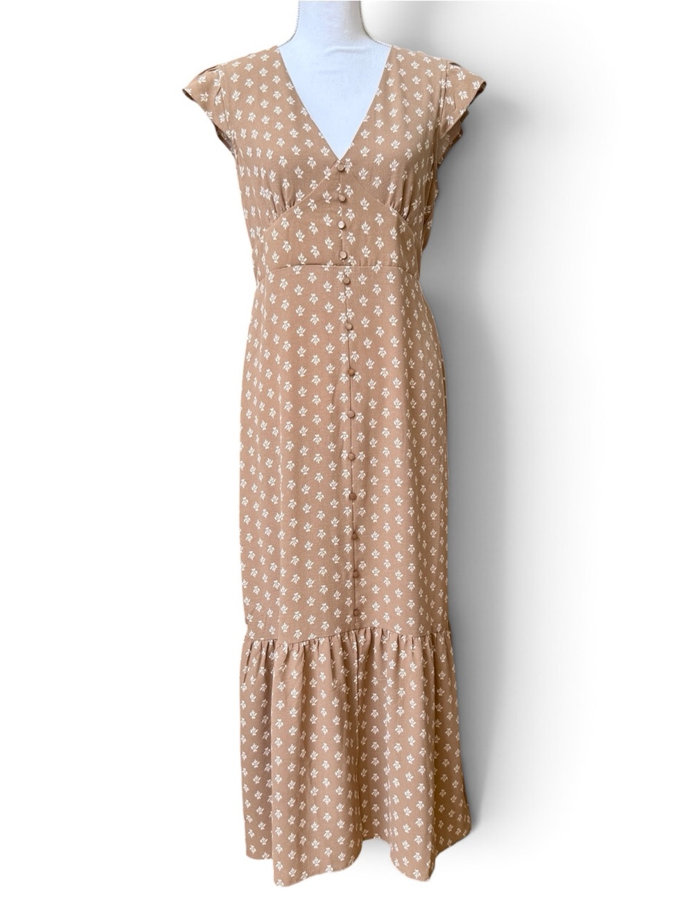 Monteau V-Neck Flutter Sleeves Tan Floral Patterned Maxi Dress Size L Like New - Picture 2 of 11